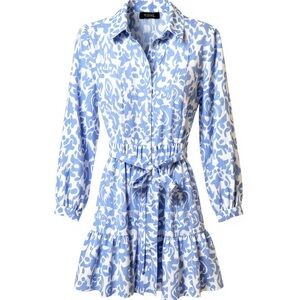 Ellen Tracy Long Sleeve Blue and White Dress Tie Waist Shirtdress Blue Damask S